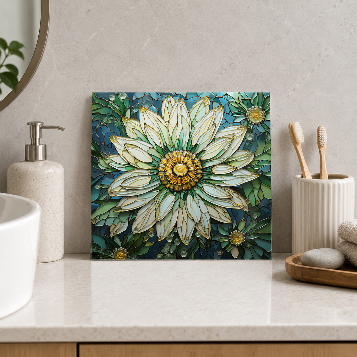 White Daisy with Emerald Centre Ring Tile displayed in the bathroom tile mock-up