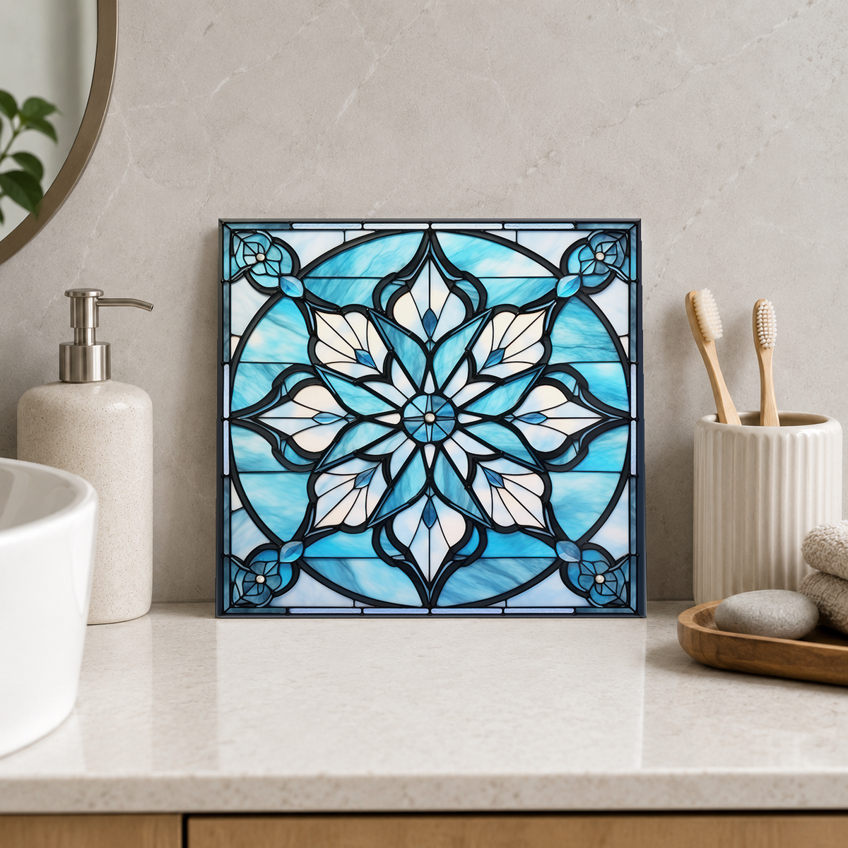White Leaf Star in Blue Circle Tile displayed in the bathroom tile mock-up