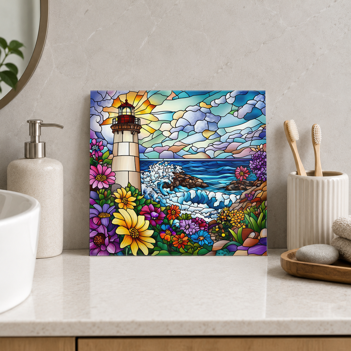 White Lighthouse and Coastal Wildflowers Tile displayed in the bathroom tile mock-up