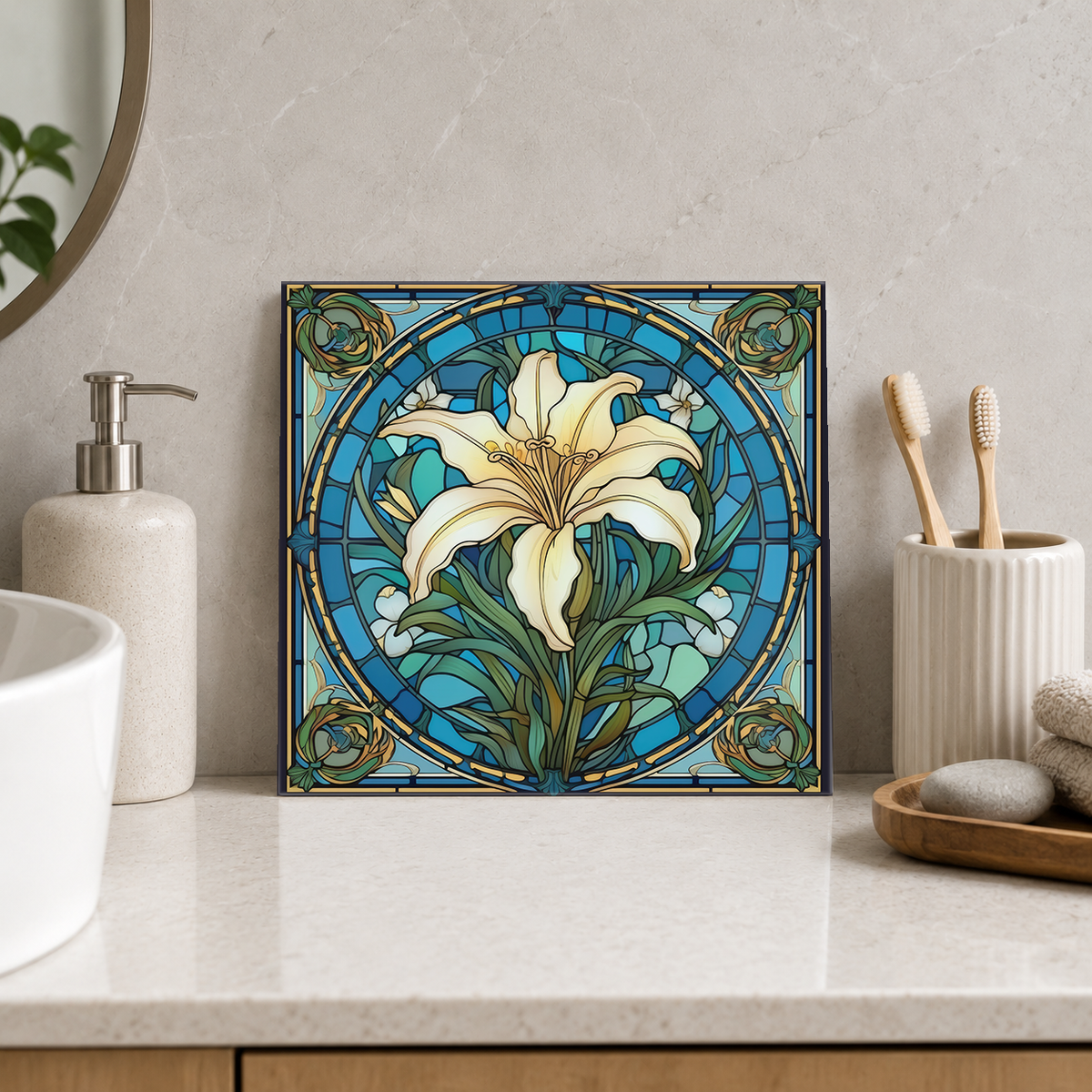 White Lily in Ornate Blue Oval Tile displayed in the bathroom tile mock-up