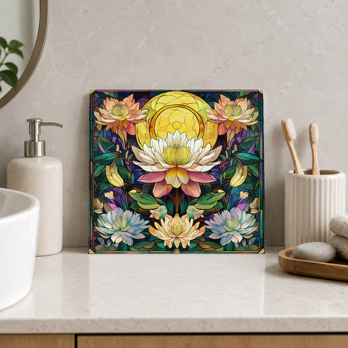 White Lotus beneath Golden Full Moon Tile displayed in the bathroom tile mock-up