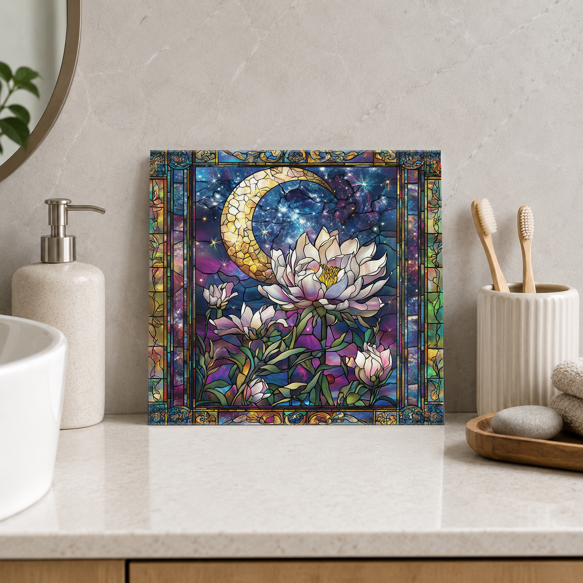 White Lotus beneath Starry Crescent Tile displayed in the bathroom tile mock-up