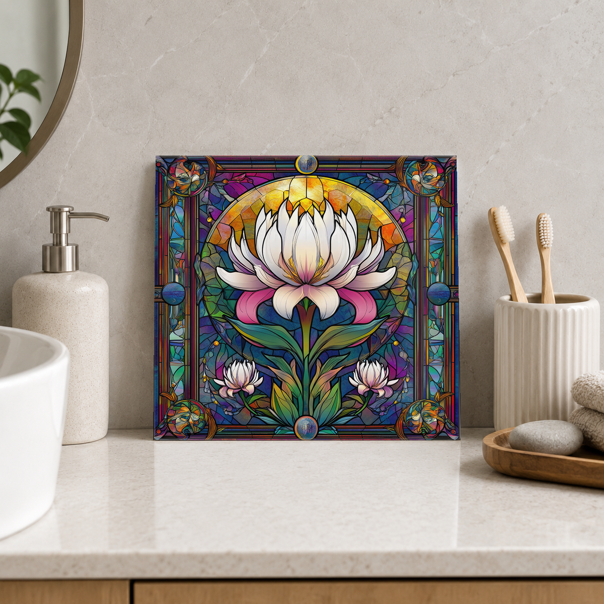 White Lotus in Golden Moon Tile displayed in the bathroom tile mock-up