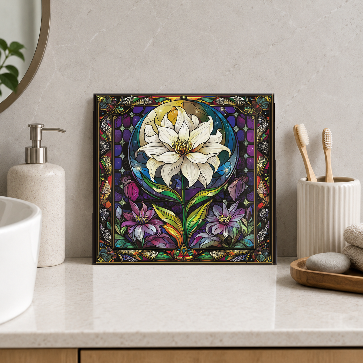 White Magnolia in Oval Frame Tile displayed in the bathroom tile mock-up