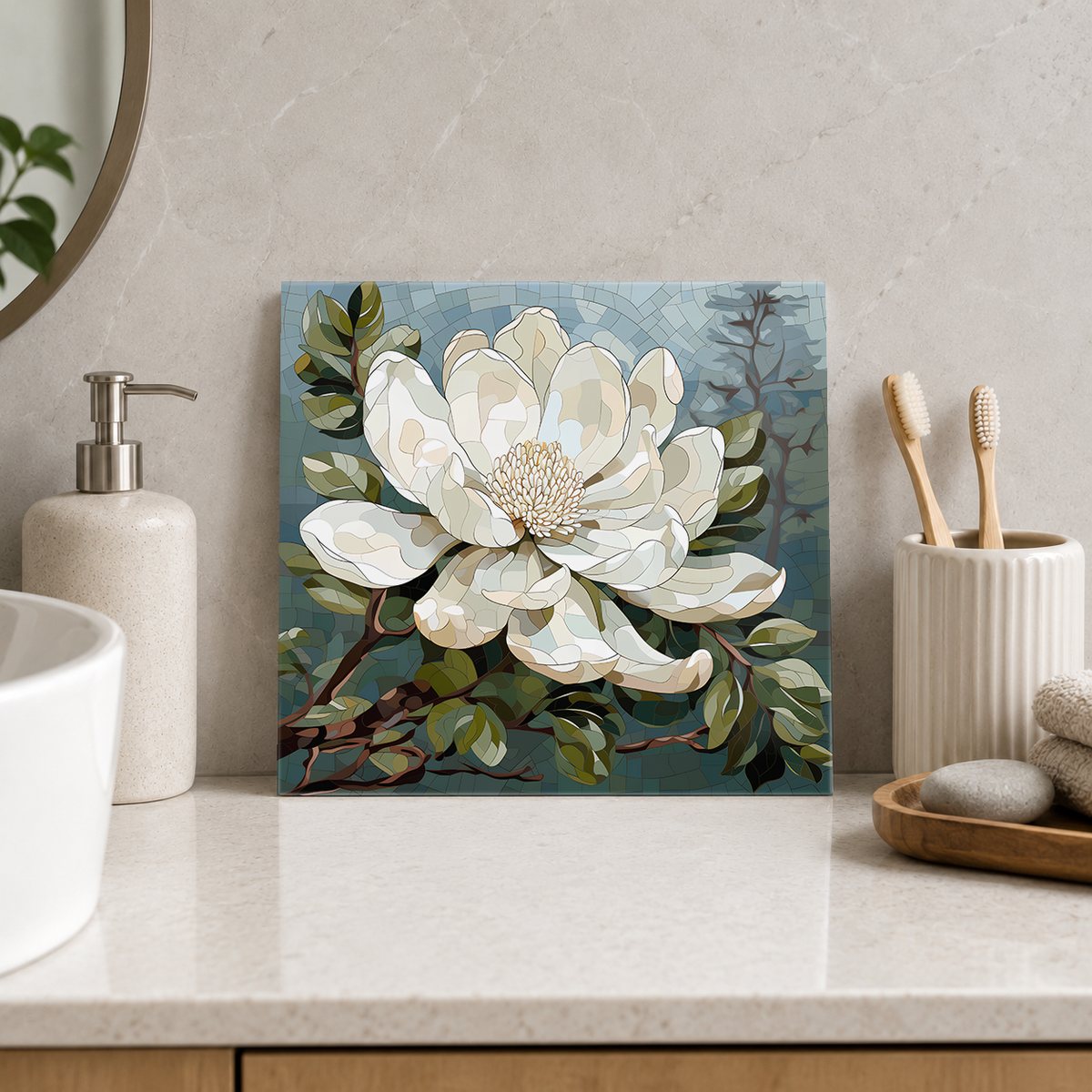White Magnolia on Sage Tile displayed in the bathroom tile mock-up