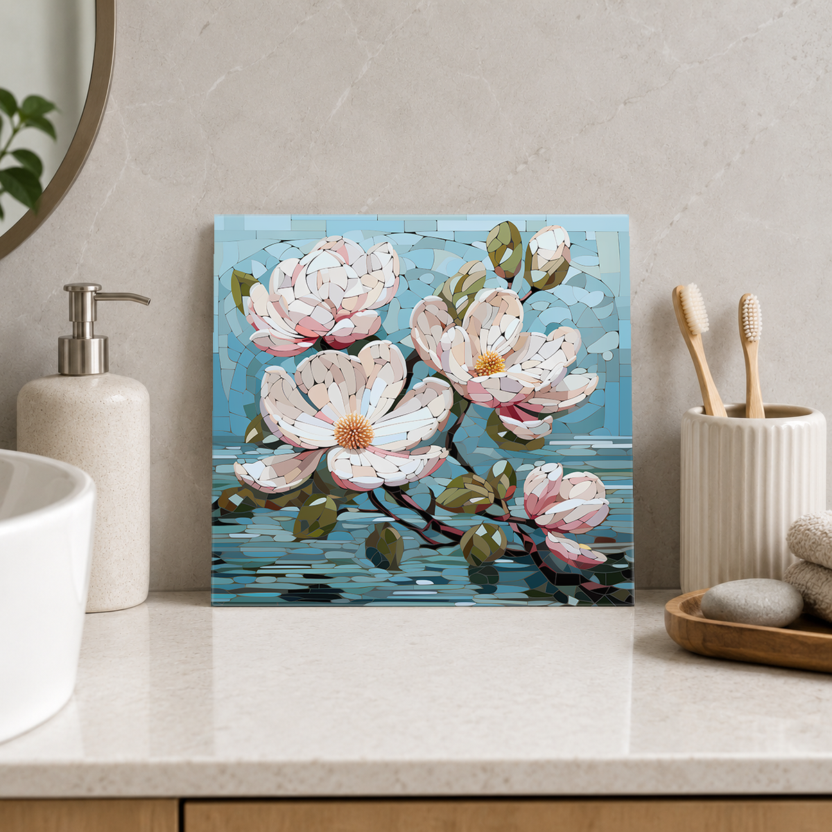 White Magnolia over Water Tile displayed in the bathroom tile mock-up