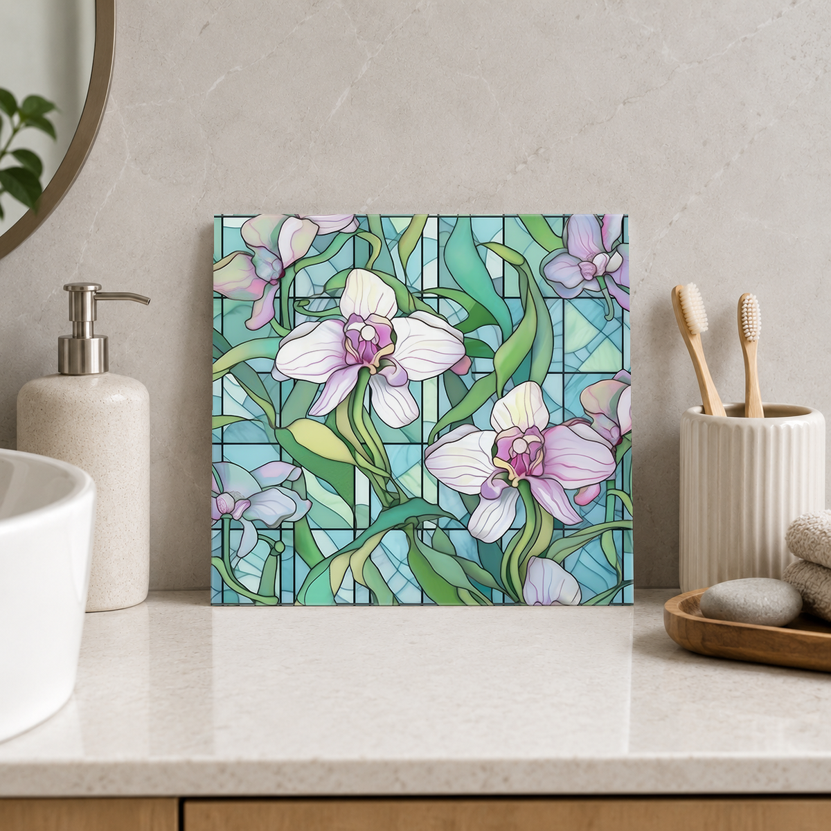 White Orchids and Green Stems Tile displayed in the bathroom tile mock-up