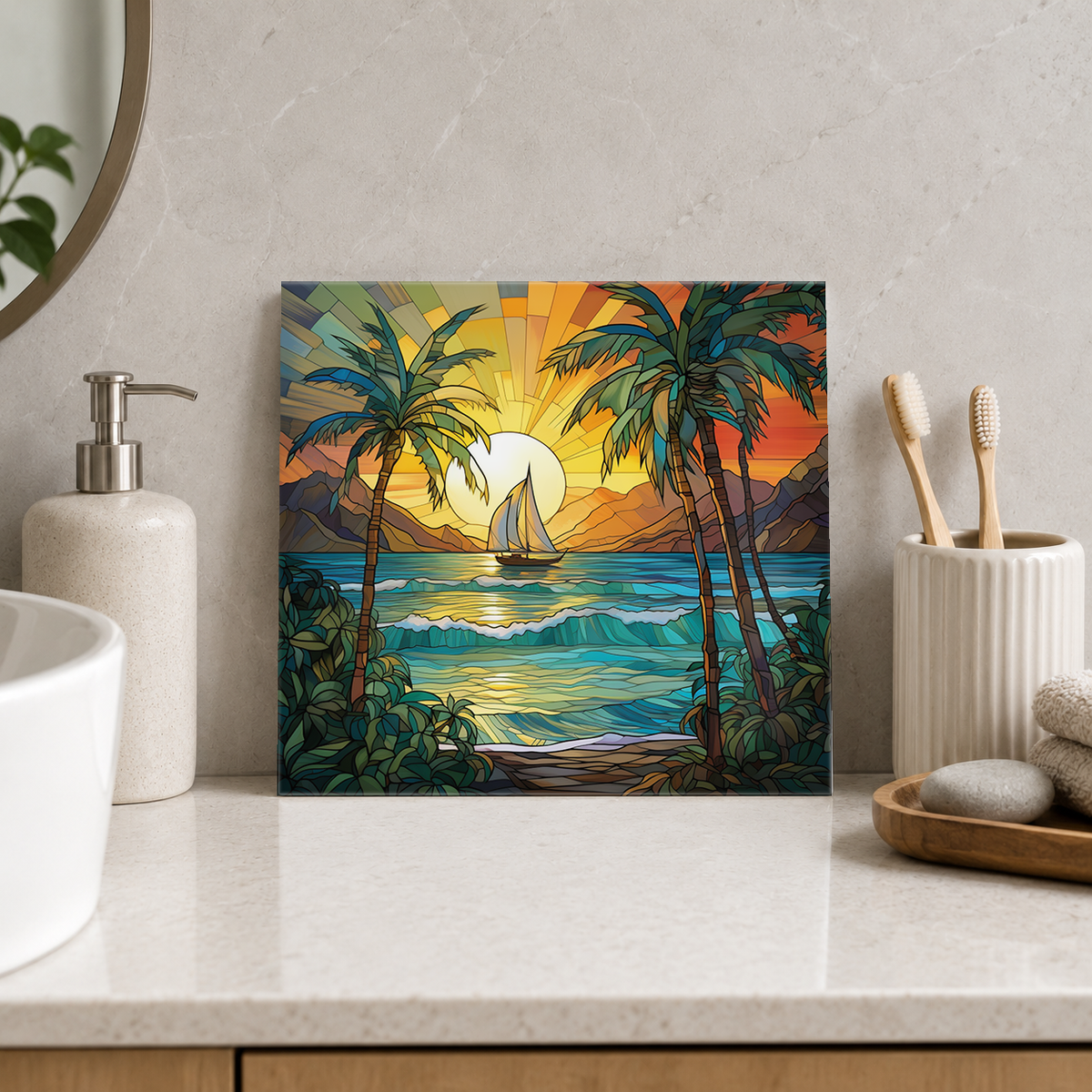 White Sailboat on Tropical Lagoon Tile displayed in the bathroom tile mock-up