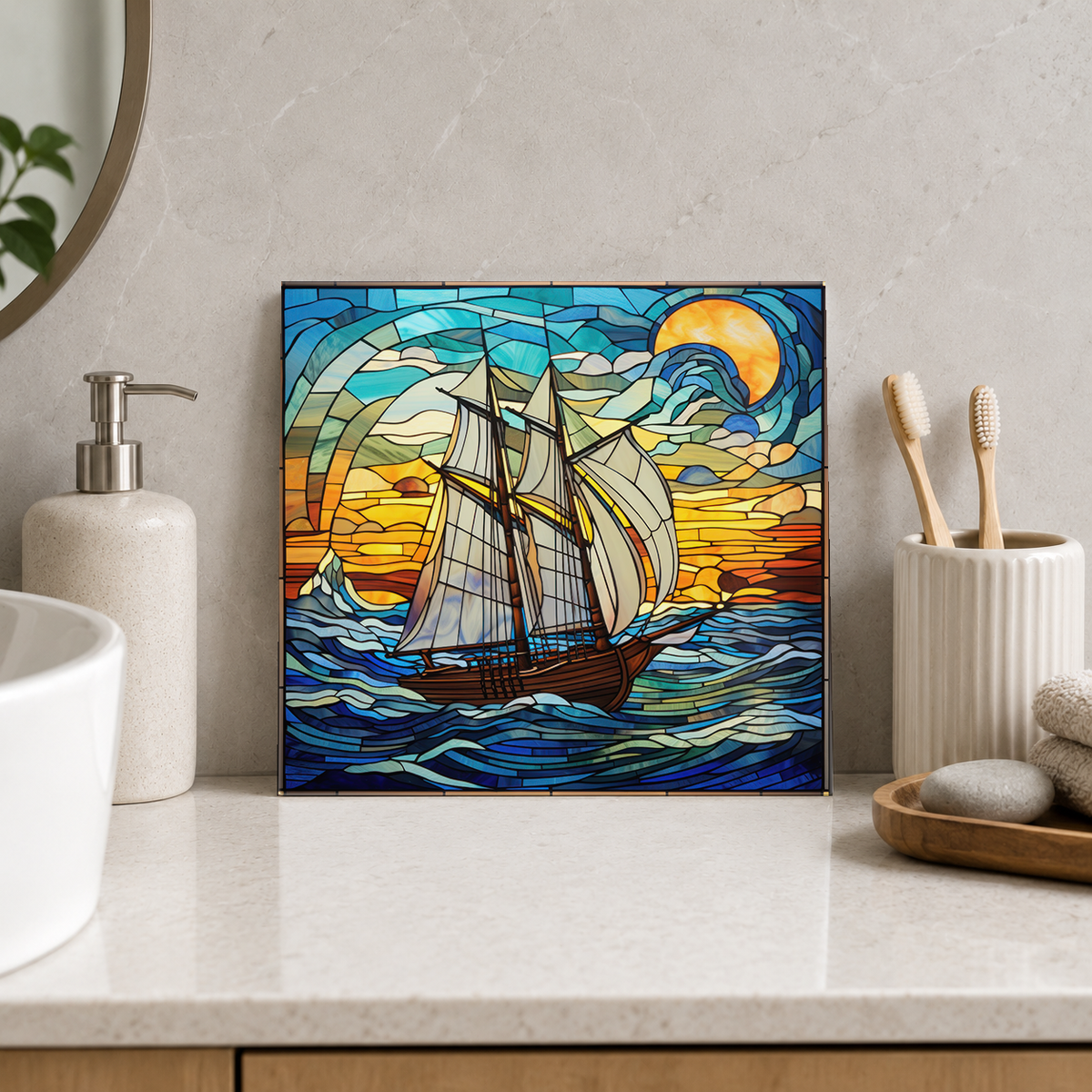 White Schooner beneath Crescent Moon Tile displayed in the bathroom tile mock-up