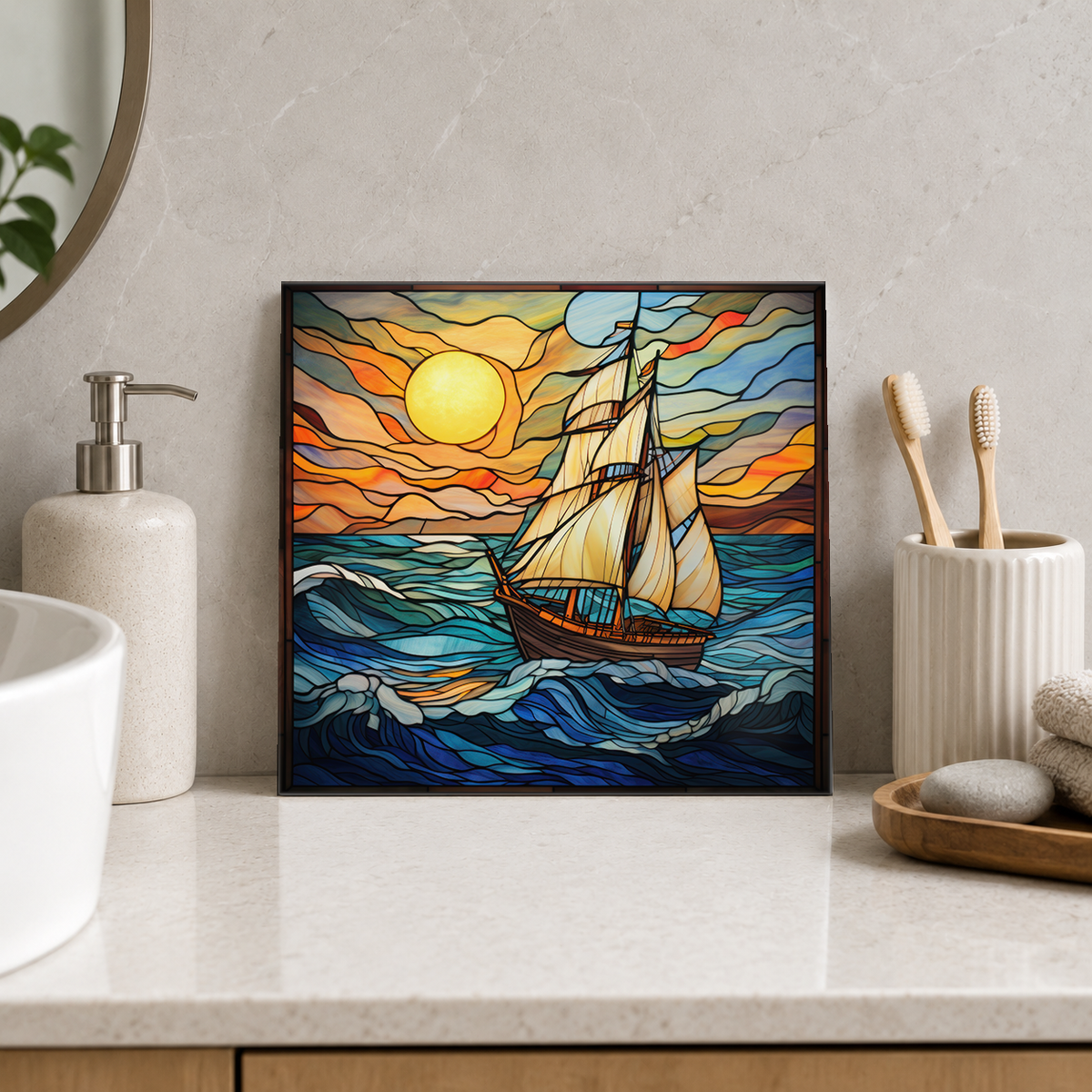 White Schooner beneath Golden Sun Tile displayed in the bathroom tile mock-up