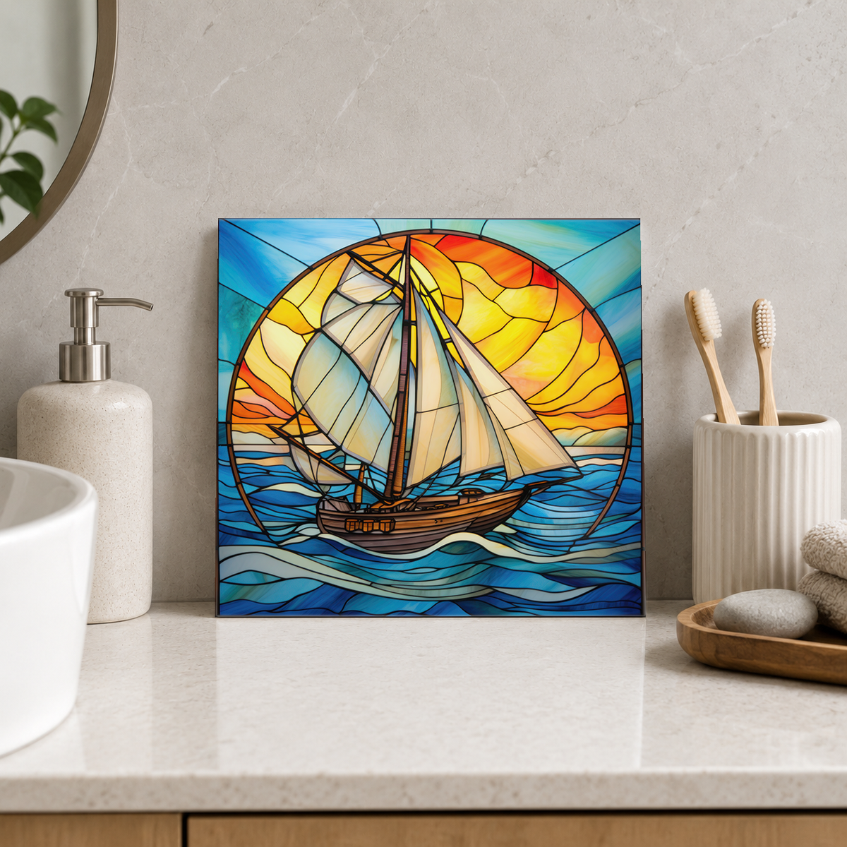 White Schooner in Sunset Circle Tile displayed in the bathroom tile mock-up