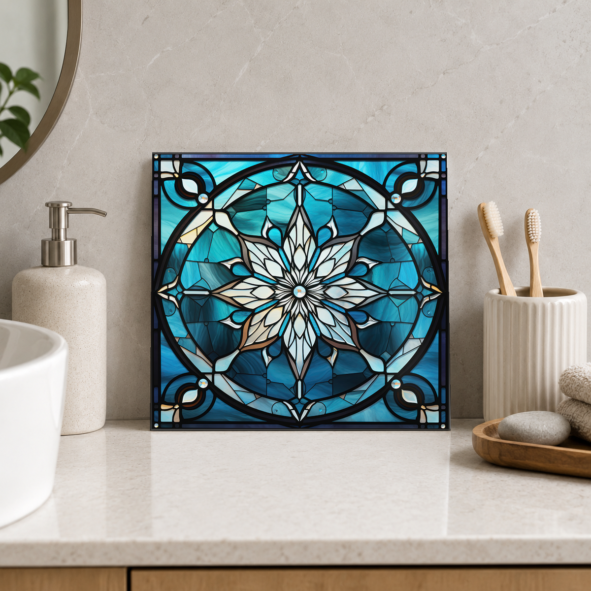 White Starflower in Teal Circle Tile displayed in the bathroom tile mock-up