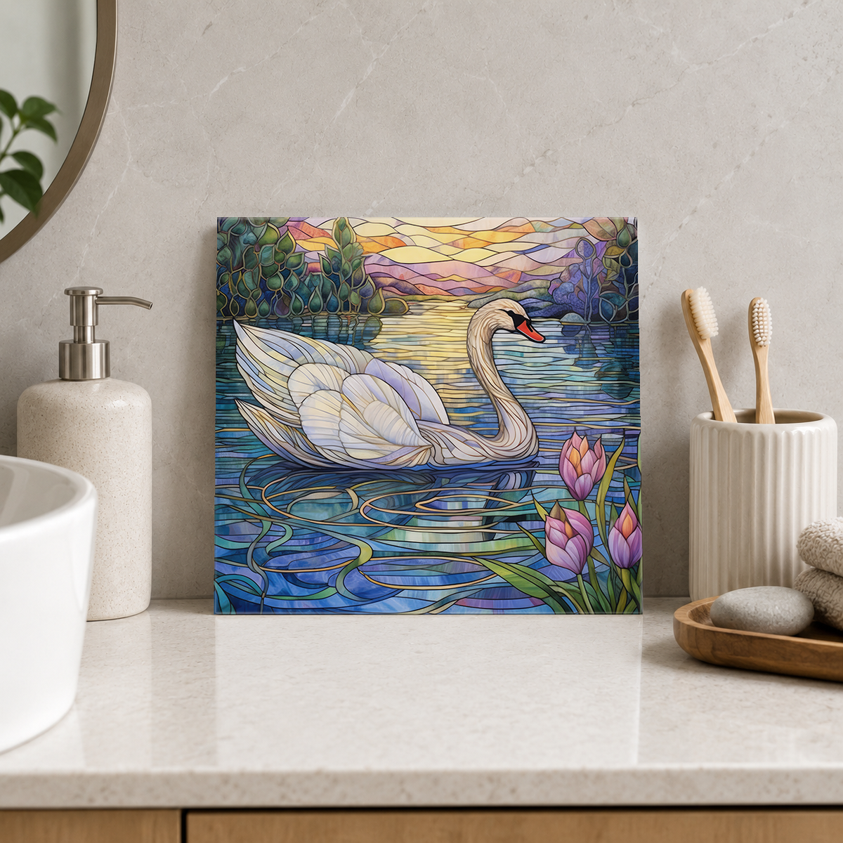 White Swan and Pink Water Lilies Tile displayed in the bathroom tile mock-up