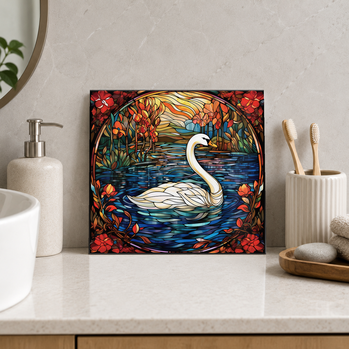 White Swan in Autumn Arch Tile displayed in the bathroom tile mock-up