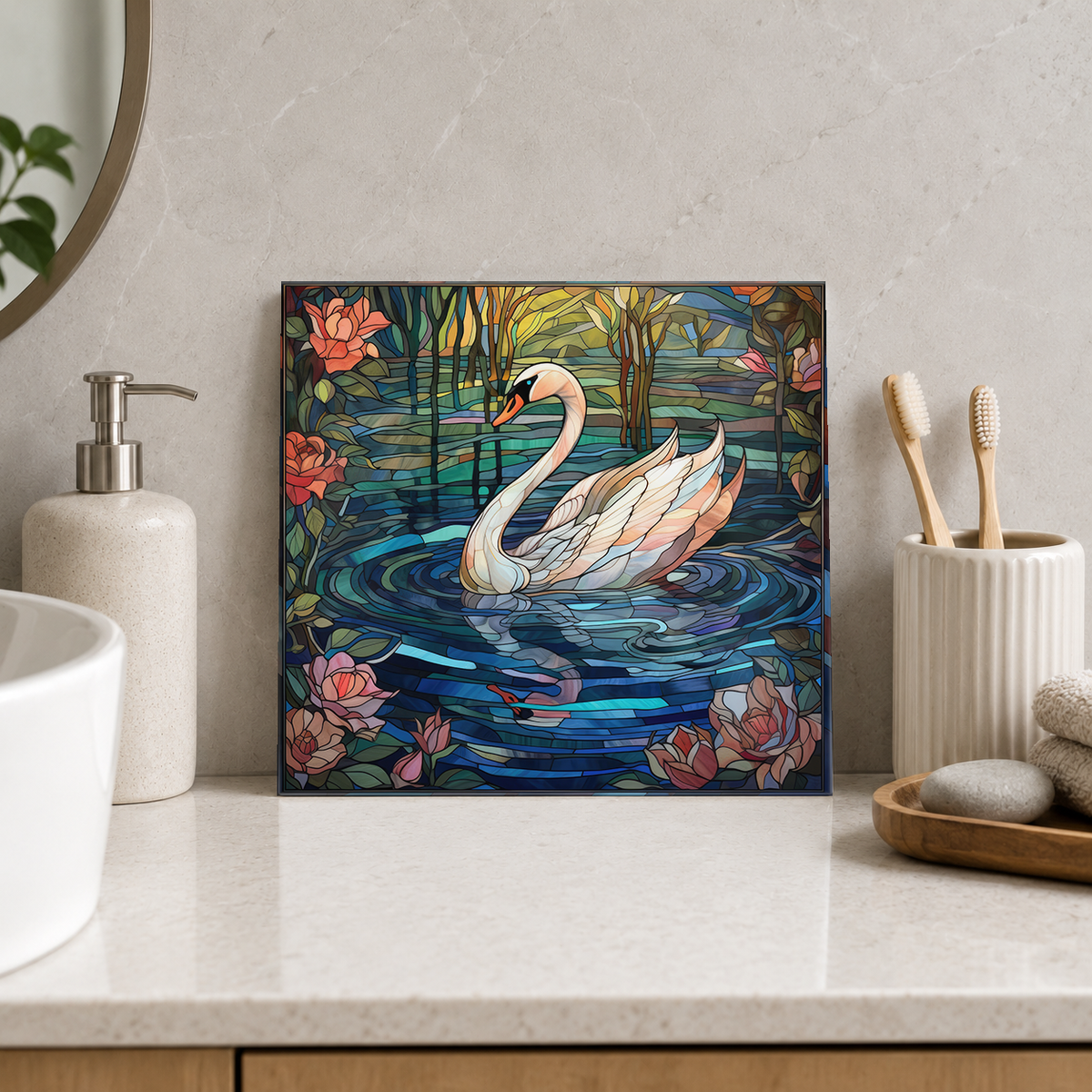 White Swan on Woodland Pond Tile displayed in the bathroom tile mock-up