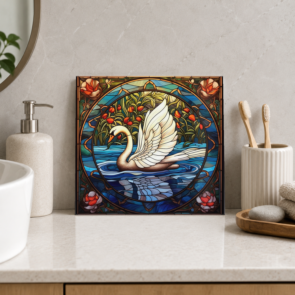 White Swan with Raised Wings Tile displayed in the bathroom tile mock-up