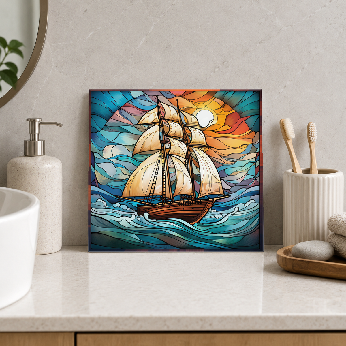 White Tall Ship on Turquoise Waves Tile displayed in the bathroom tile mock-up