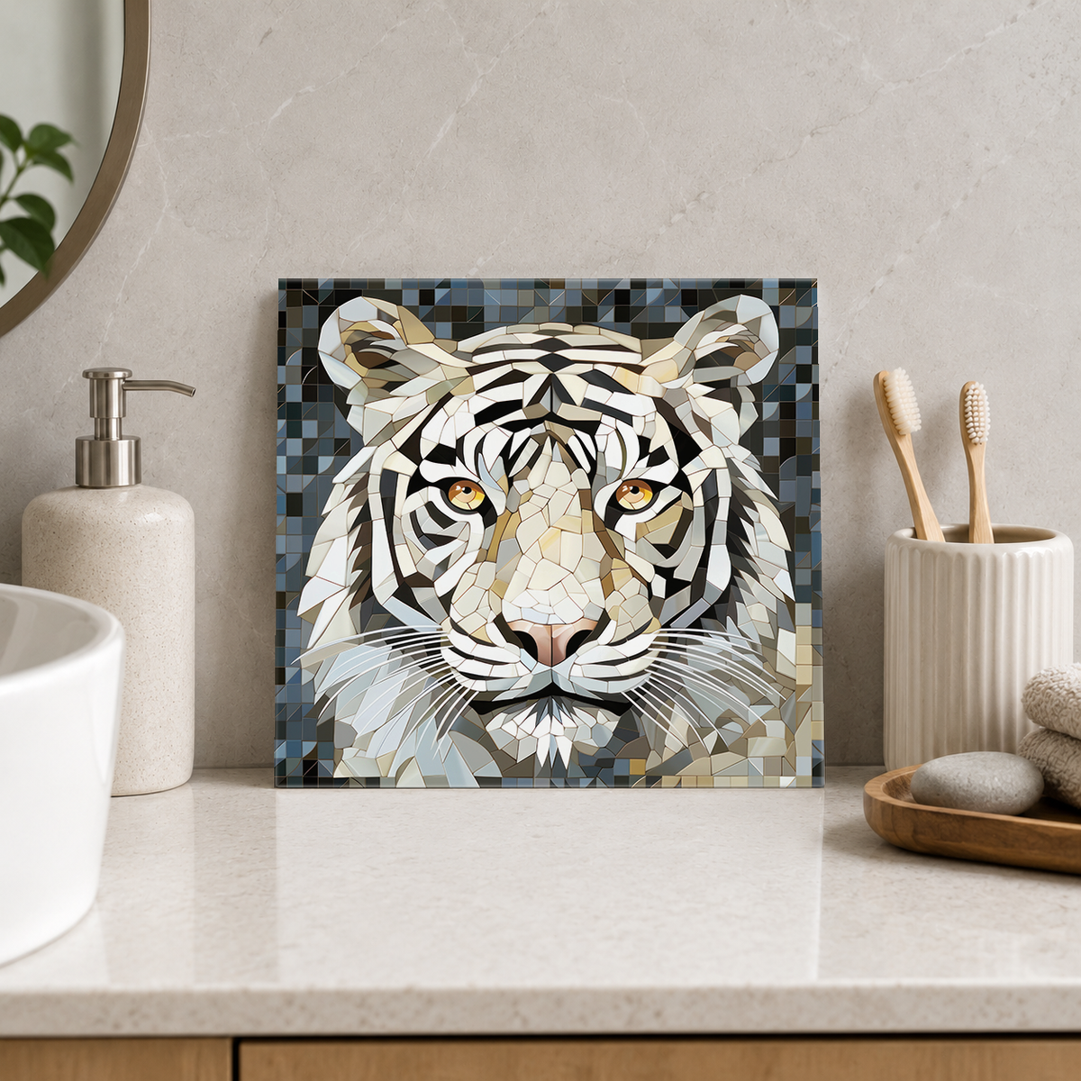 White Tiger Portrait Tile displayed in the bathroom tile mock-up