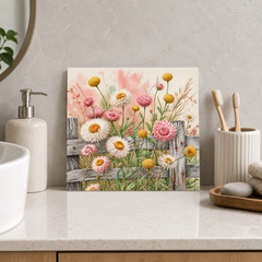 Wildflower Fence ceramic decorative tile in Pop Color, shown in a room mockup