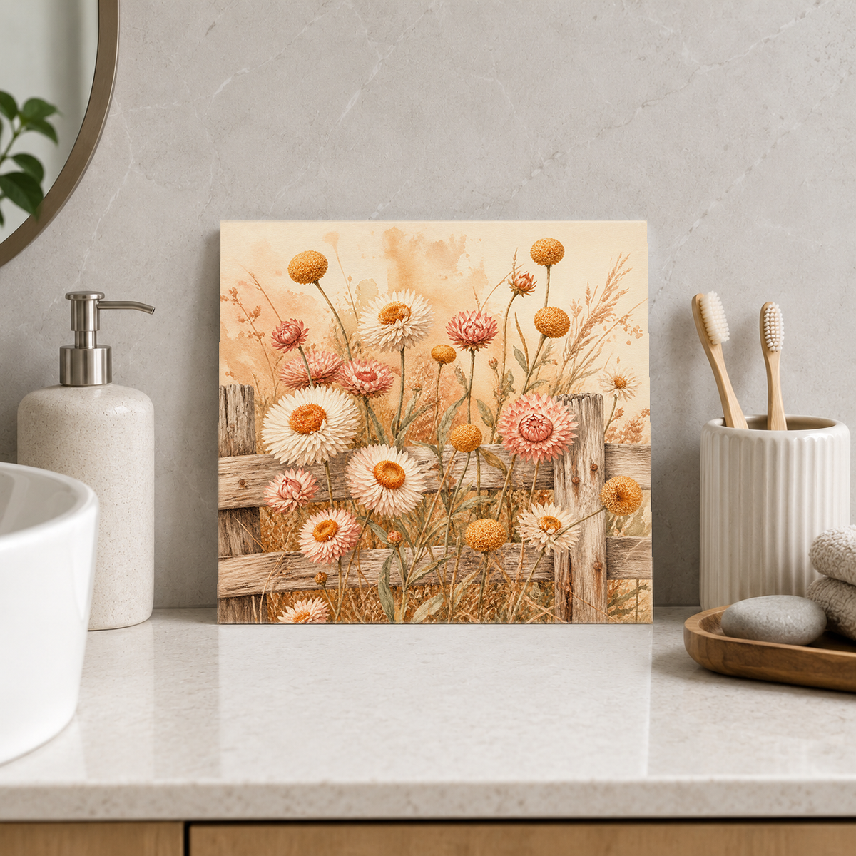 Wildflower Fence ceramic decorative tile in Warm Country, shown in a room mockup