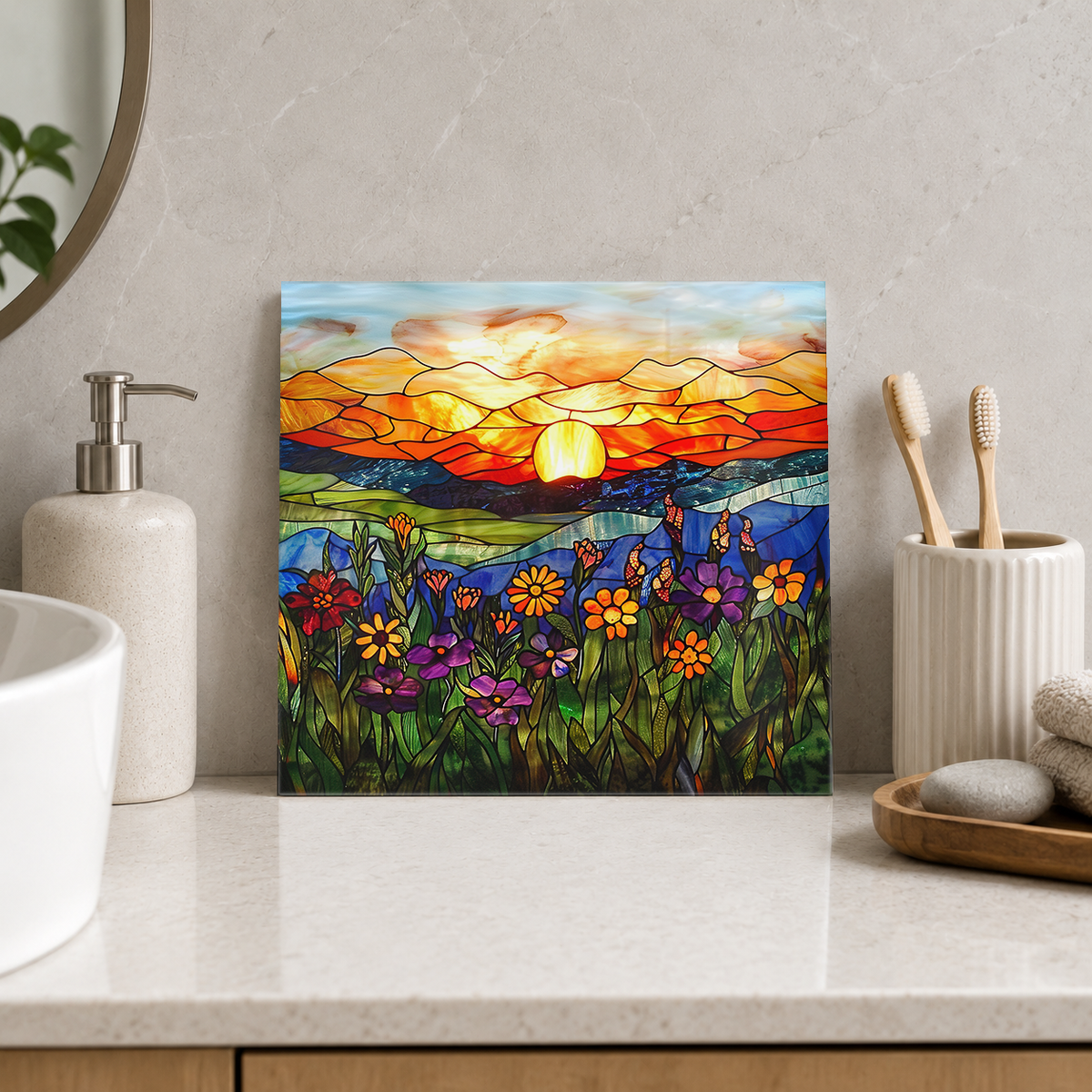 Wildflower Meadow beneath Orange Sunset Tile displayed in the bathroom tile mock-up