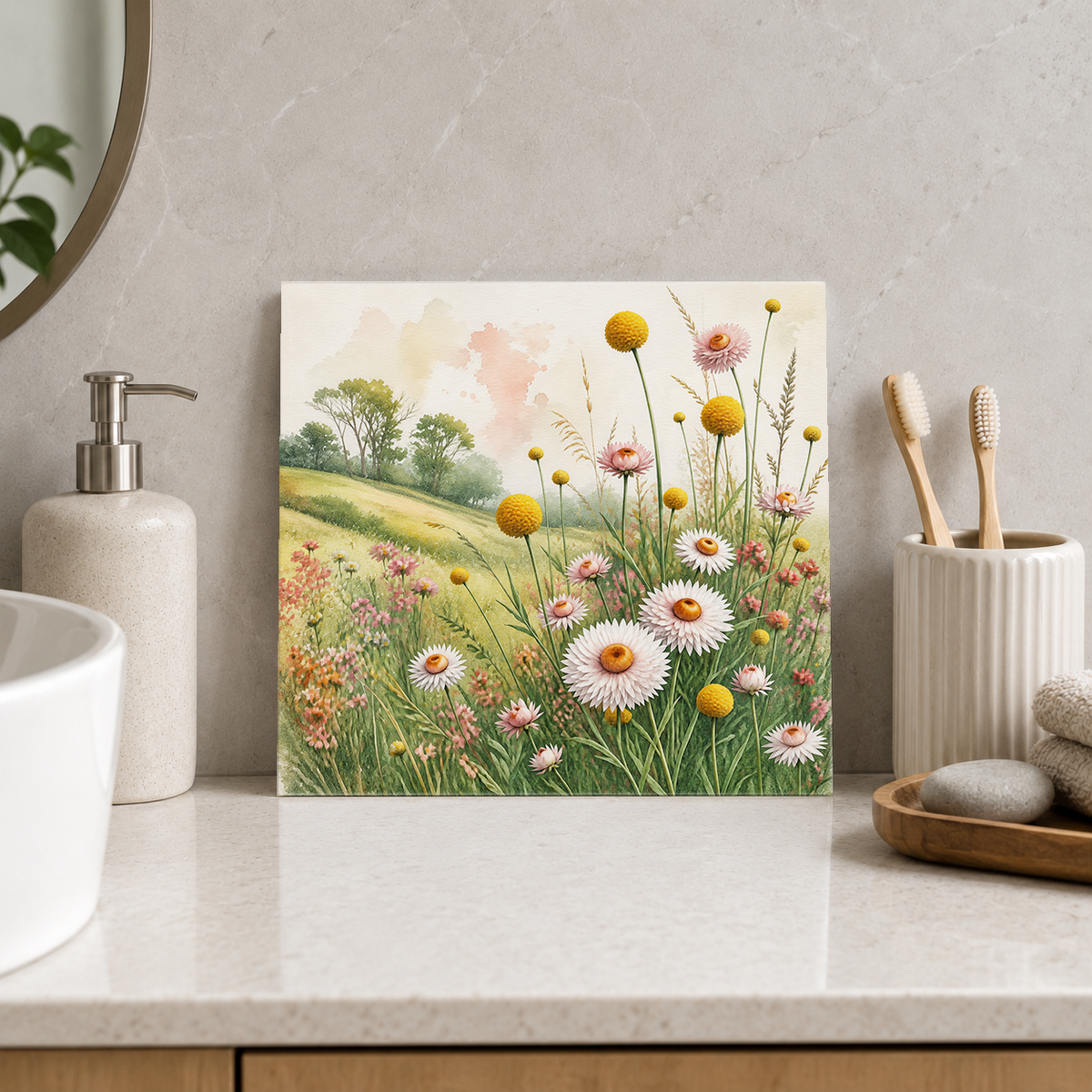 Wildflower Meadow ceramic decorative tile in Pop Color, shown in a room mockup