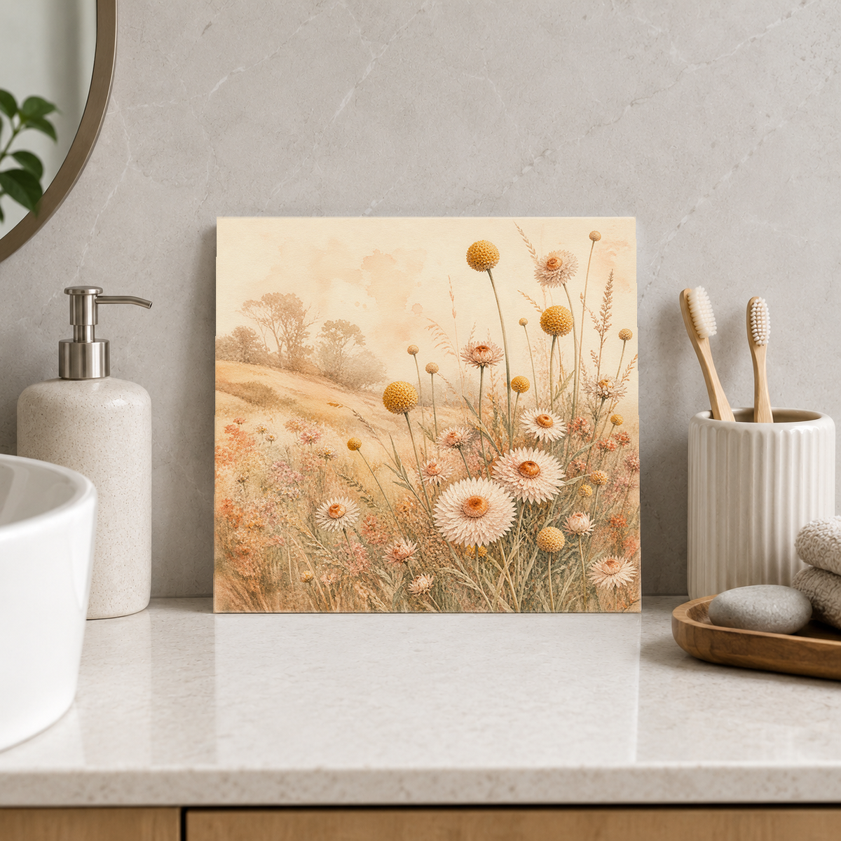 Wildflower Meadow ceramic decorative tile in Warm Country, shown in a room mockup