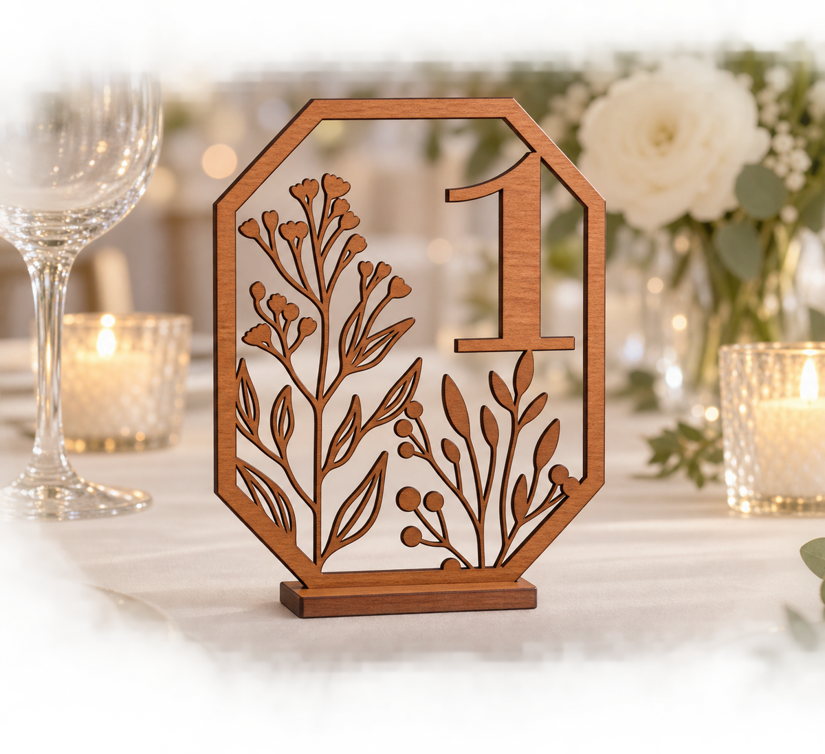 Wildflower Octagon Table Number in varnished wood with flat base