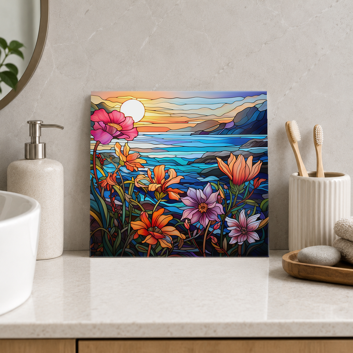 Wildflowers above Coastal Bay Tile displayed in the bathroom tile mock-up
