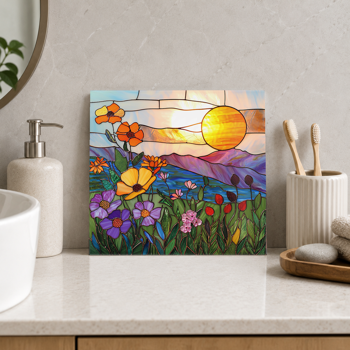 Wildflowers and Golden Sun over Mauve Hills Tile displayed in the bathroom tile mock-up