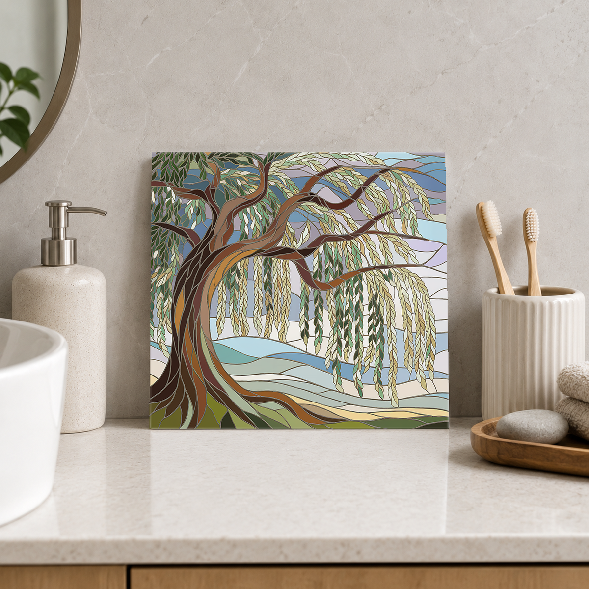 Willow Tree beside Blue Hills Tile displayed in the bathroom tile mock-up