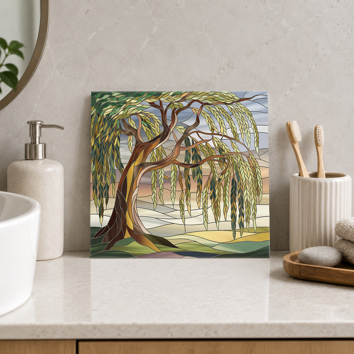 Willow Tree in Soft Golden Light Tile displayed in the bathroom tile mock-up