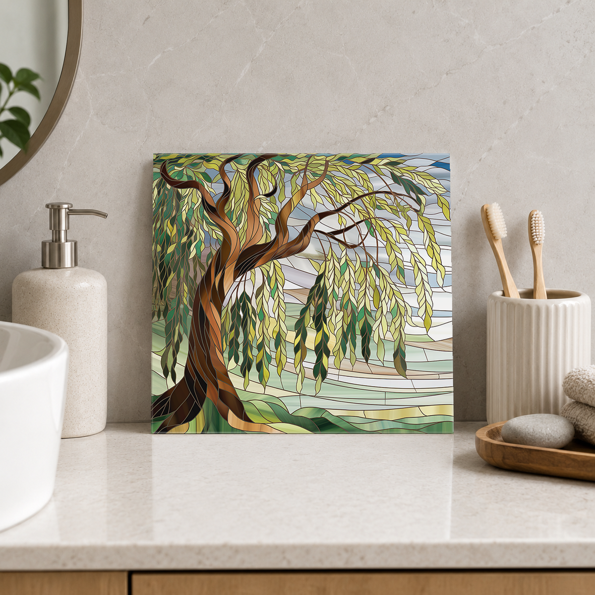 Willow Tree over Pale Green Hills Tile displayed in the bathroom tile mock-up