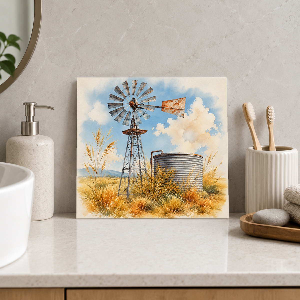 Windmill and Tank ceramic decorative tile in Pop Color, shown in a room mockup
