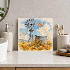 Windmill and Tank ceramic decorative tile in Pop Color, shown in a room mockup