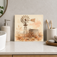 Windmill and Tank ceramic decorative tile in Warm Country, shown in a room mockup