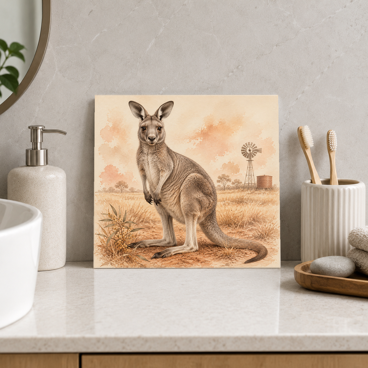 Windmill Kangaroo ceramic decorative tile in Warm Country, shown in a room mockup