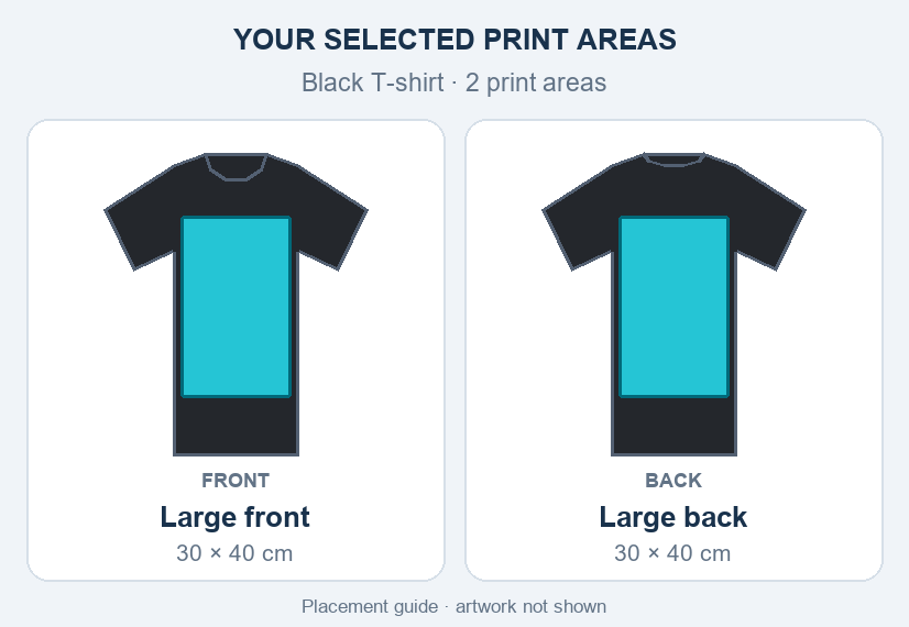 Black T-shirt large print placement guide; artwork not shown.