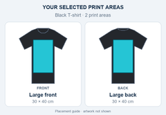 Black T-shirt large print placement guide; artwork not shown.