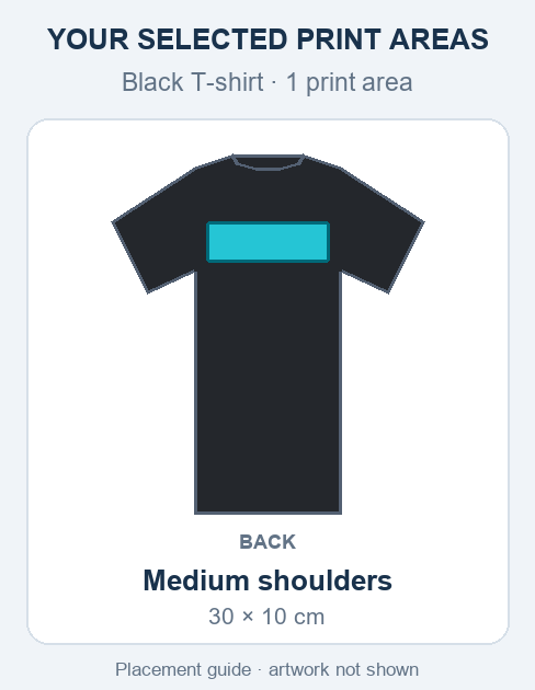 Black T-shirt medium print placement guide; artwork not shown.