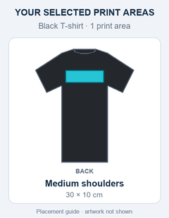 Black T-shirt medium print placement guide; artwork not shown.