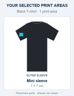 Black T-shirt mini print placement guide; artwork not shown.