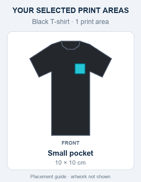 Black T-shirt small print placement guide; artwork not shown.