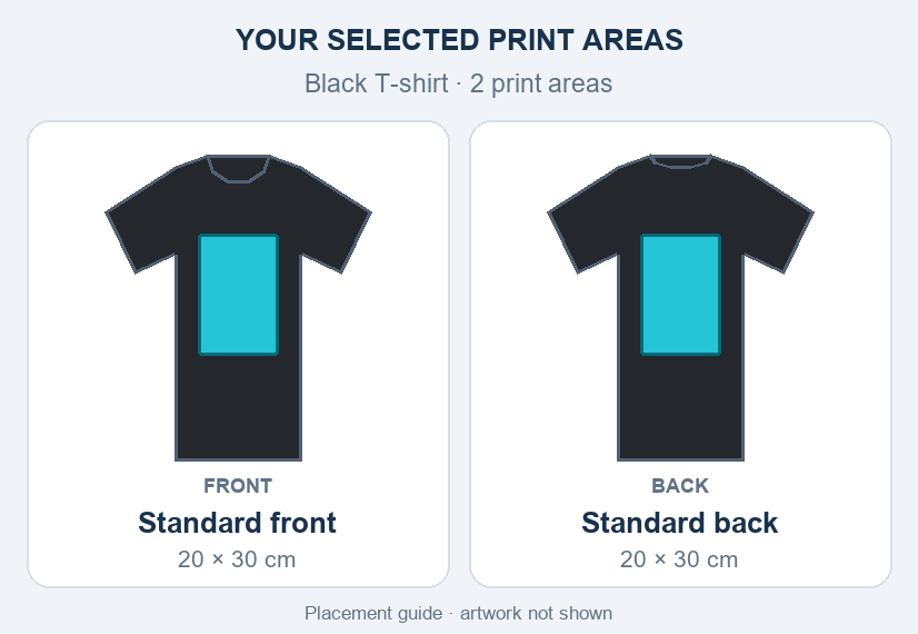 Black T-shirt standard print placement guide; artwork not shown.