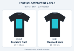 Black T-shirt standard print placement guide; artwork not shown.
