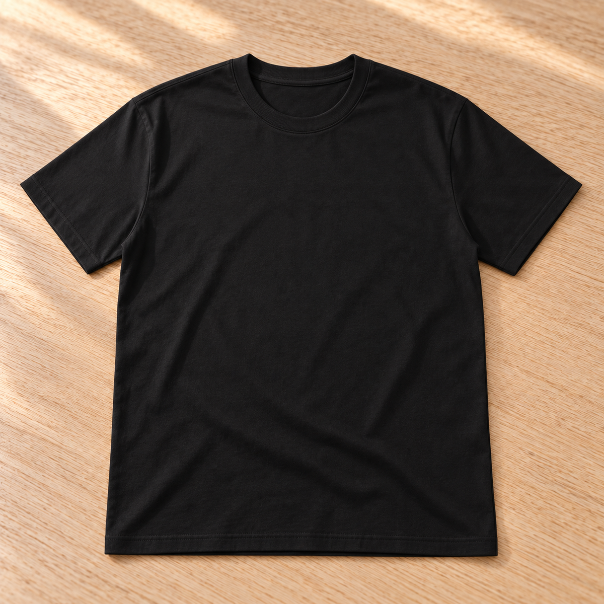 Blank blank shirt men black on warm timber — customisable product illustration