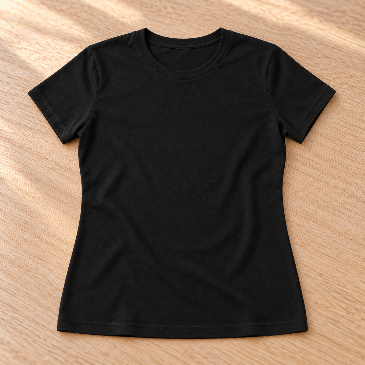 Blank blank shirt women black on warm timber — customisable product illustration
