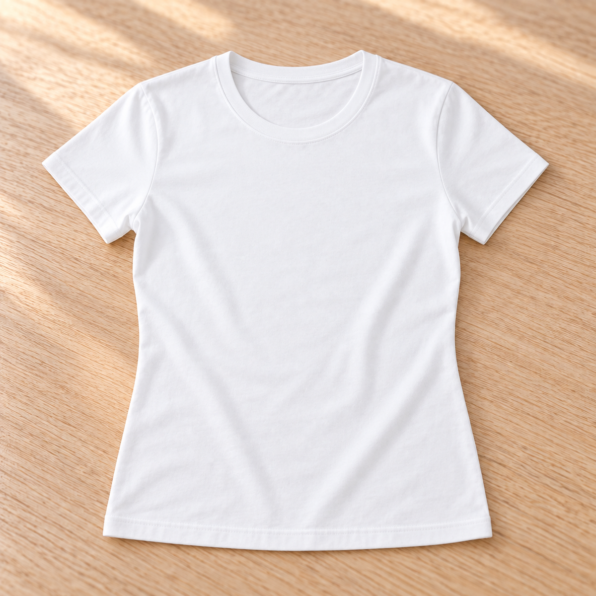 Blank blank shirt women white on warm timber — customisable product illustration