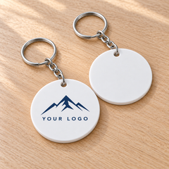 business keychain white with Your Logo sample branding — illustrative custom design