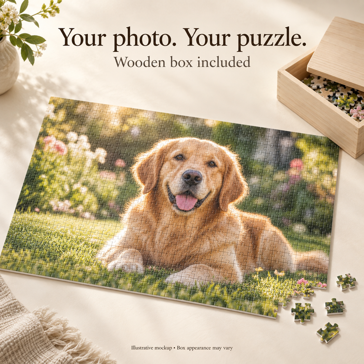 Illustrative custom photo puzzle with a golden retriever and included wooden box. Box appearance may vary.